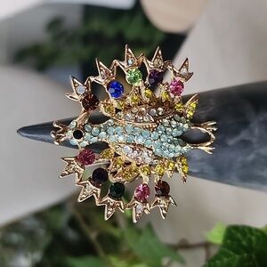Gold with Multi Color Crystals Peacock Stretch Ring